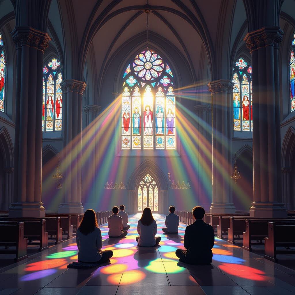 Cathedral Prayer with Sunlight and Stained Glass