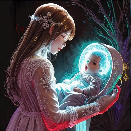 Luminescent Ghost with Skeleton Baby in Watercolor Style