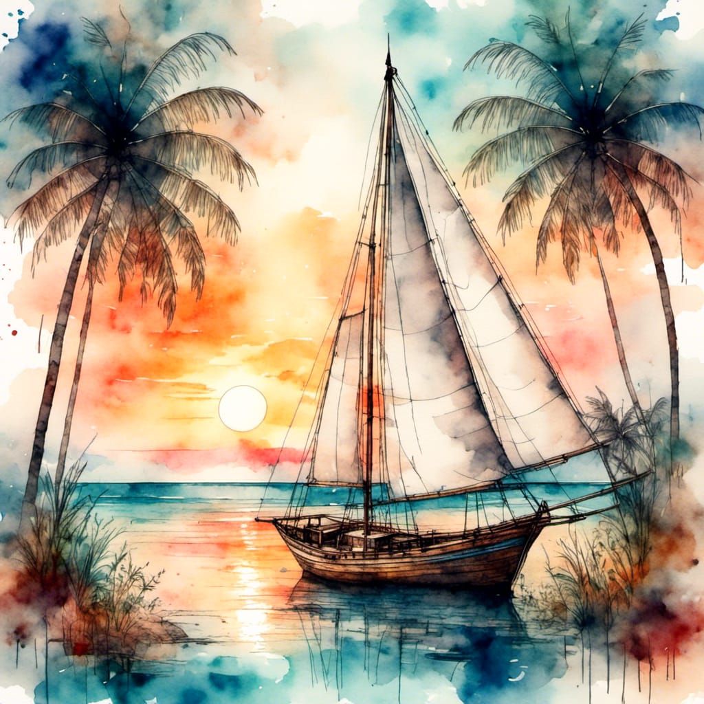Tropical Cove Sailboat in Alcohol Ink Style