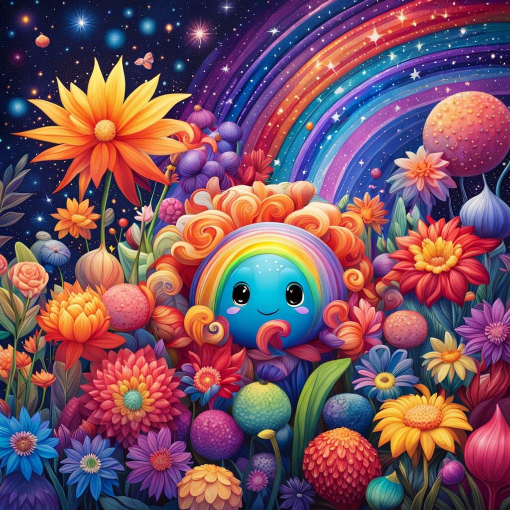 Hyperrealistic Chibi Onion in Starry Rainbow Garden