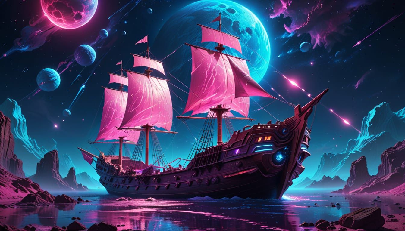 Ancient Phoenician Vessel Sails Through Cosmic Vaporwave