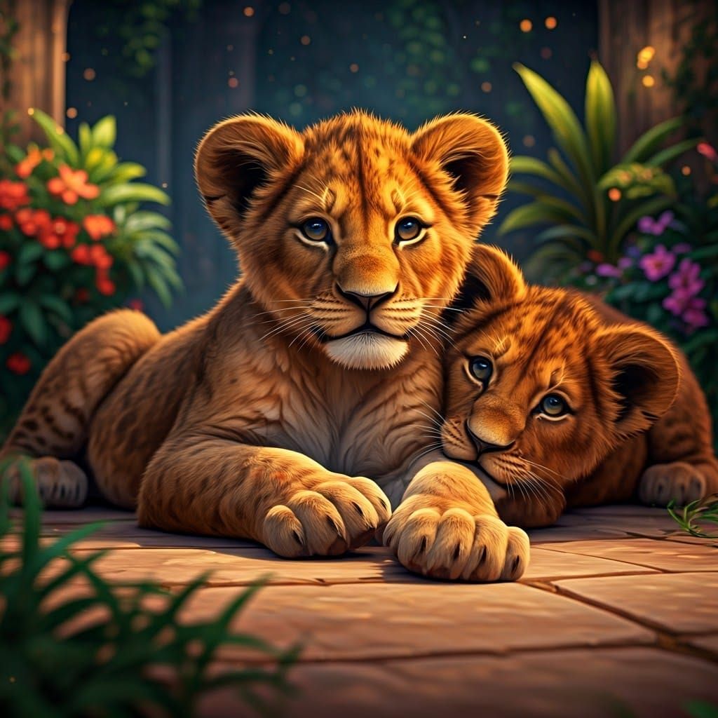 Lion Cubs in Dreamlike Fantasy Setting