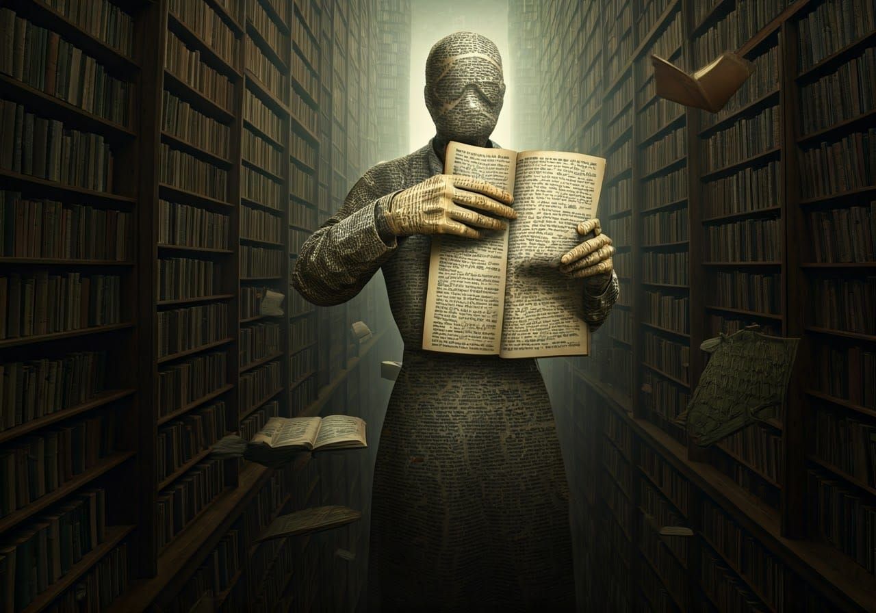 Faceless Librarian in Infinite Labyrinth of Floating Books