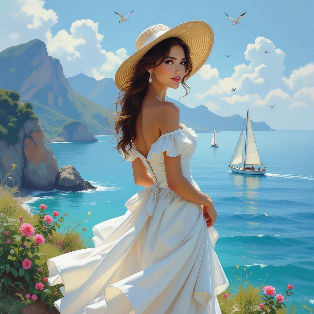 Woman Gazing at Sea in Neo-Impressionist Style