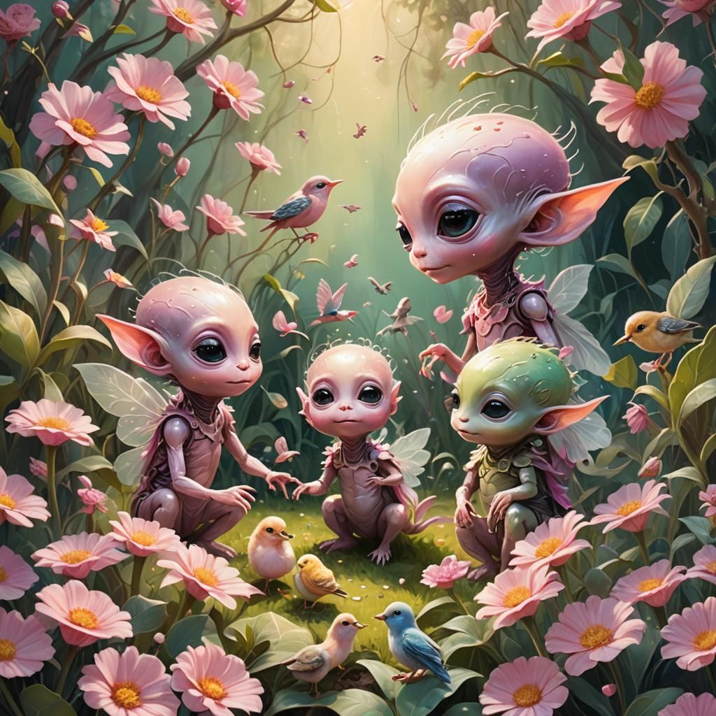 Alien Babies Play in Pink Garden: Whimsical Concept Art