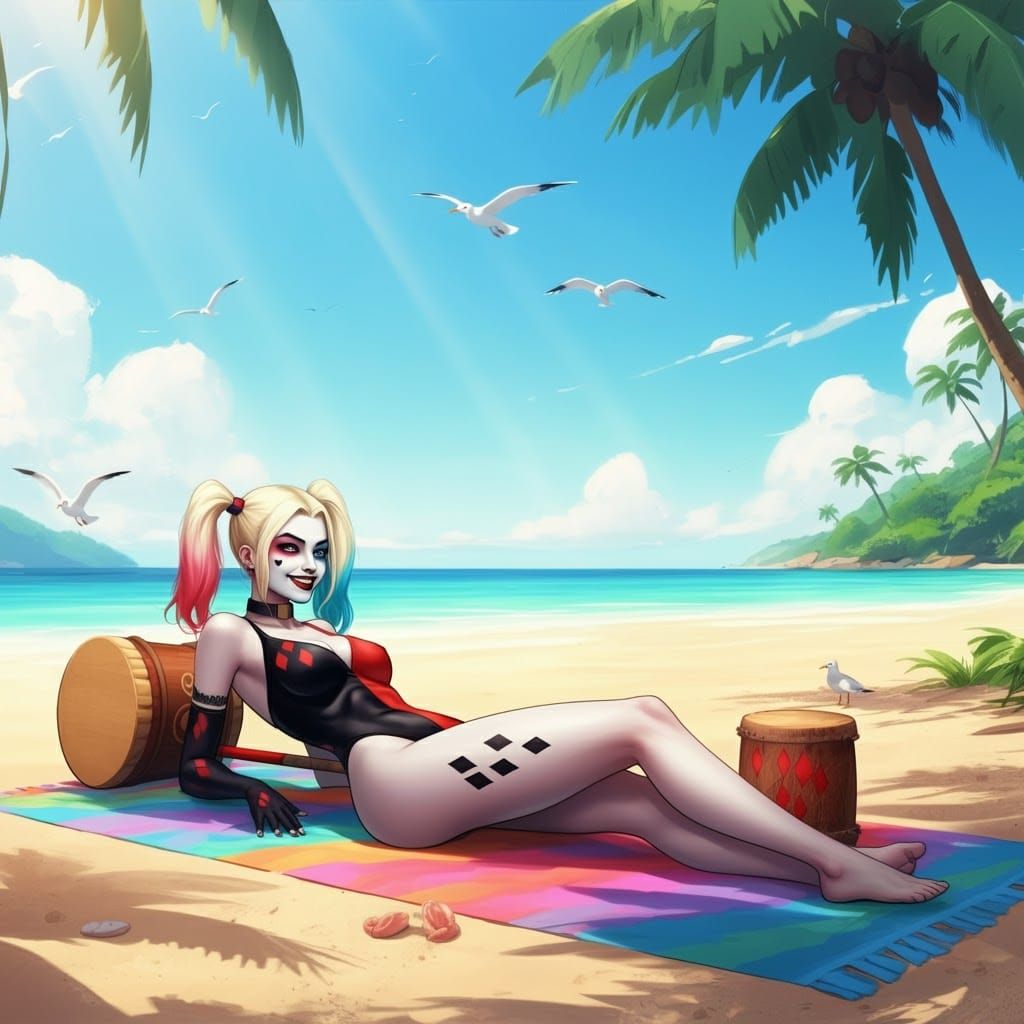 Vibrant Harley Quinn in a Colorful Beach Scene
