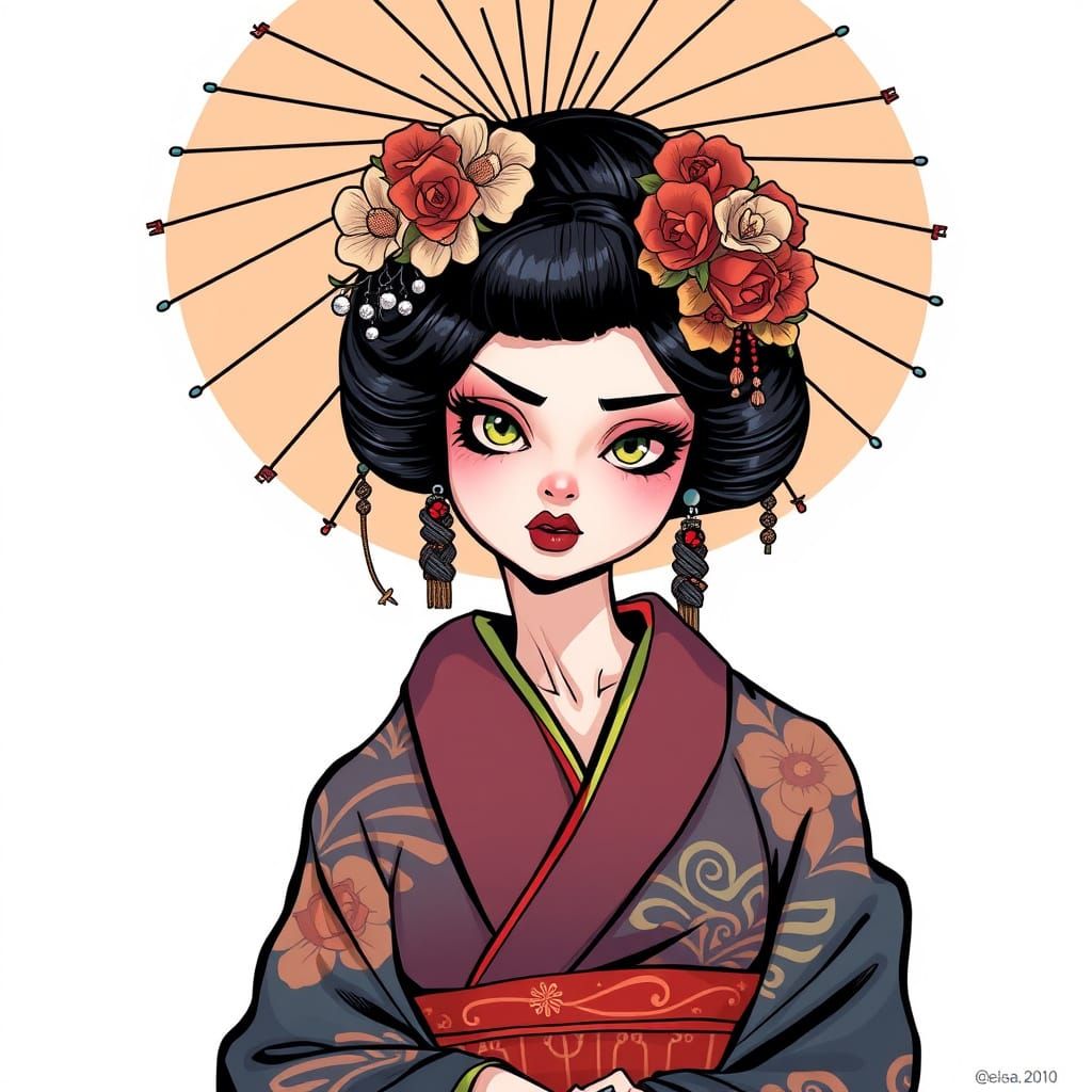 Stylized Geisha Portrait in Manga Anime Style