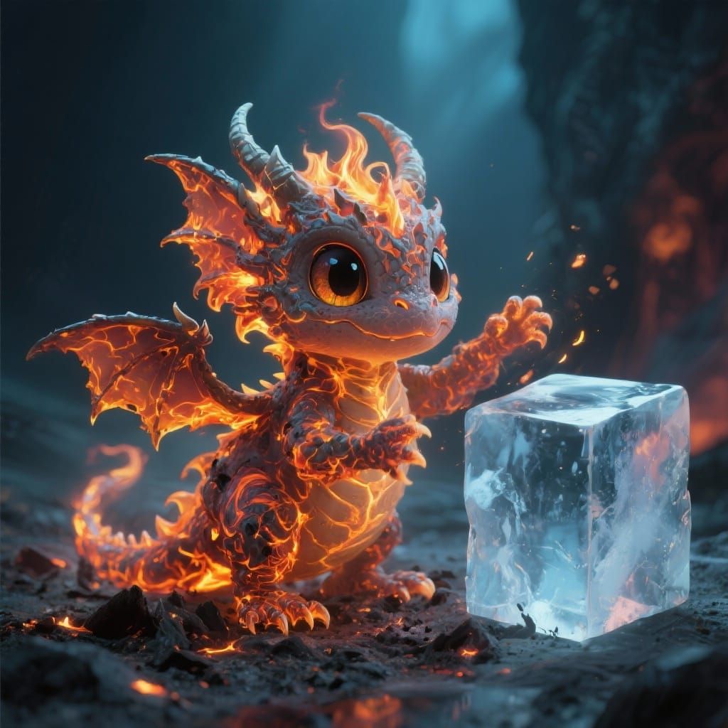 Baby Ember Dragon Plays with Ice Cube