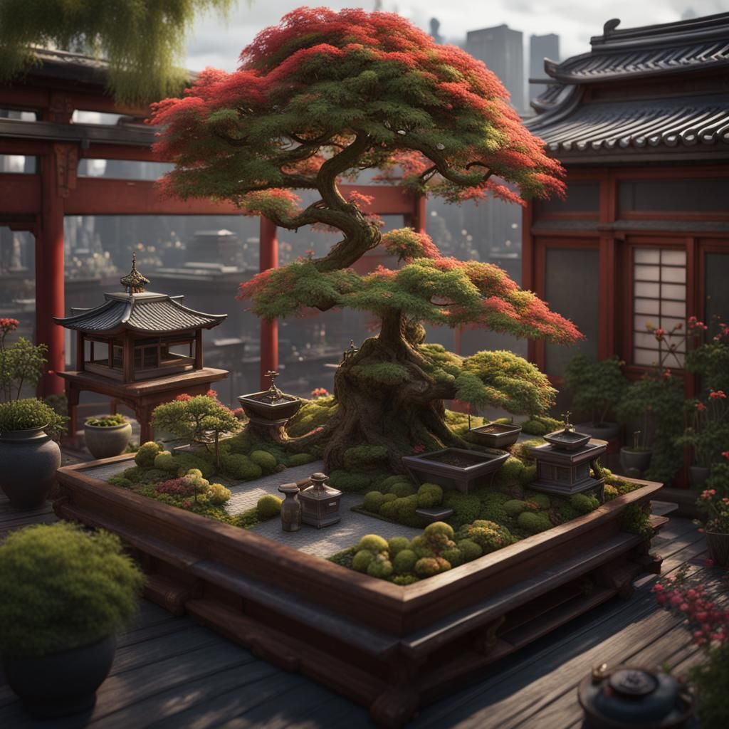 Lush Rooftop Garden with Bonsai in Digital Painting
