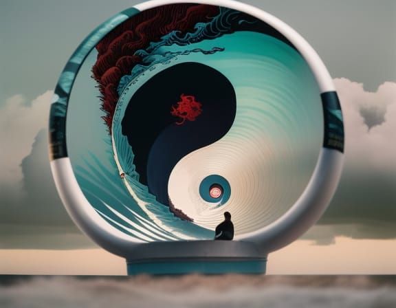 Red-Haired Surfer in Japan, Surrealist Pop Art Style