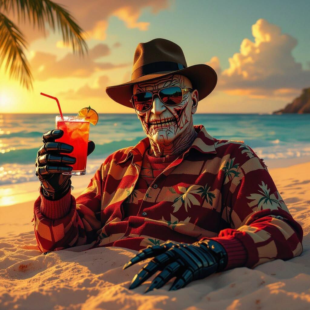 Freddy Krueger Sunbathing on Tropical Beach