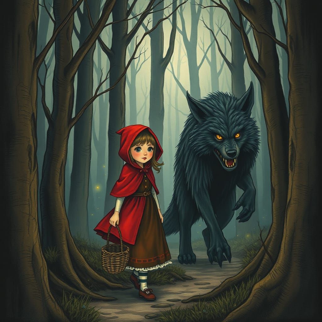 Little Red Riding Hood in Mystical Forest