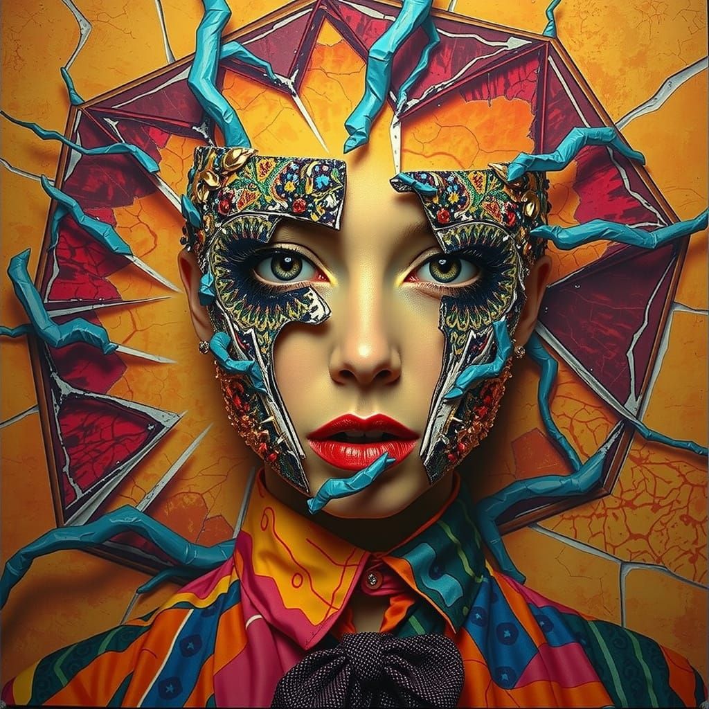 Flamboyant Woman in Clashing Patterns with Projected Overlay