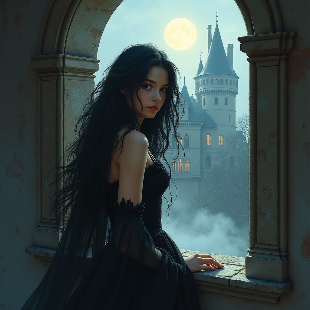 Gothic Beauty at Castle Window in Hyperdetailed Realism