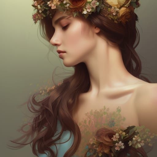 Woman in Flower Dress Portrait, Hyperdetailed Digital Art