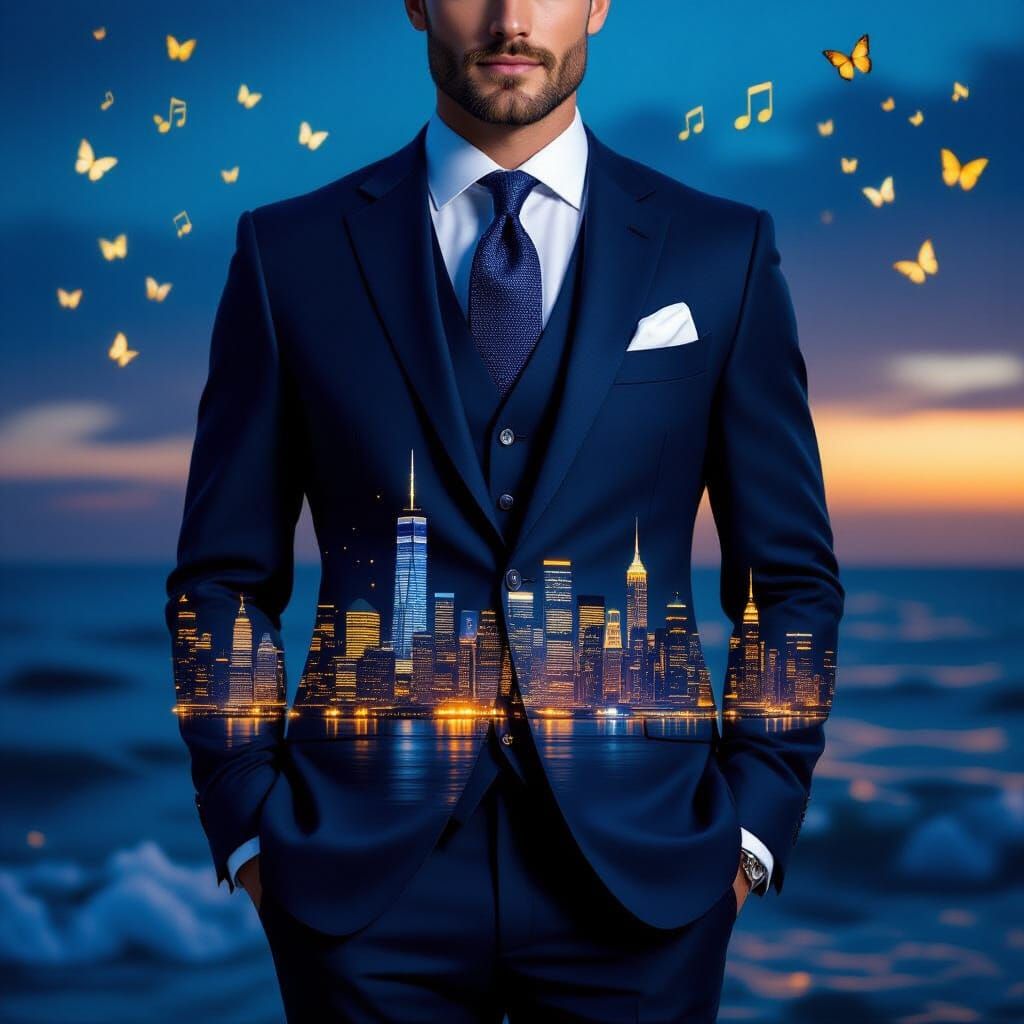 Man in Glowing Cityscape Suit, Luxury Fashion Photo
