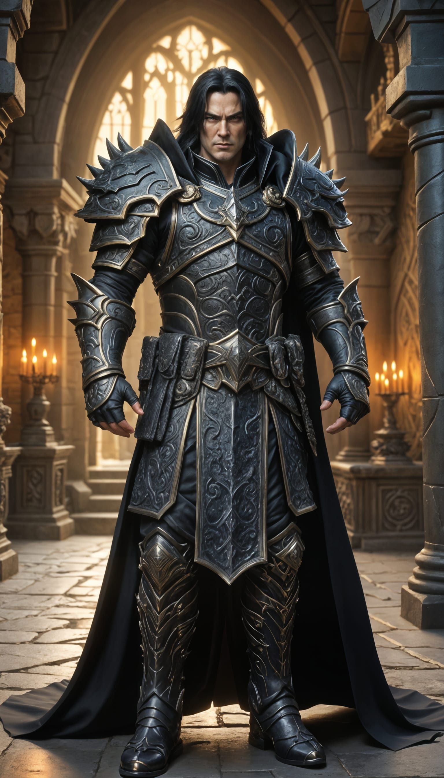 Warcraft Warrior in Intricately Detailed Black Armor, Castle...