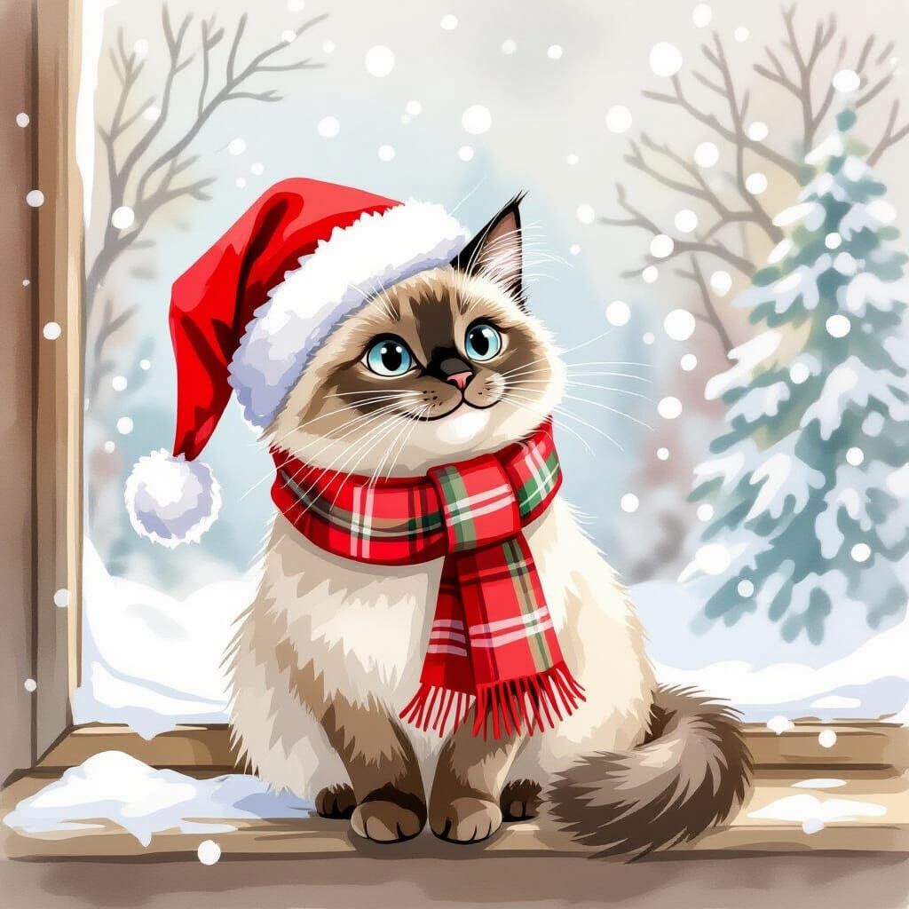 Joyful Siamese Cat Gazing at Snowfall in Whimsical Watercolo...