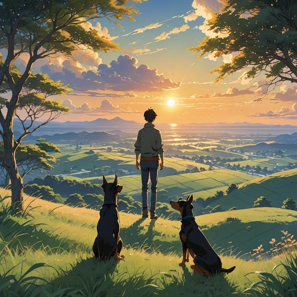 Dobermann Watches Owner Leave in Anime Style