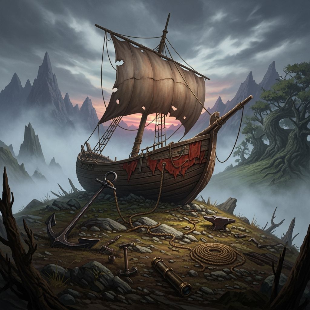 Worn Sailboat Beached on Misty Hill: Sword and Sorcery