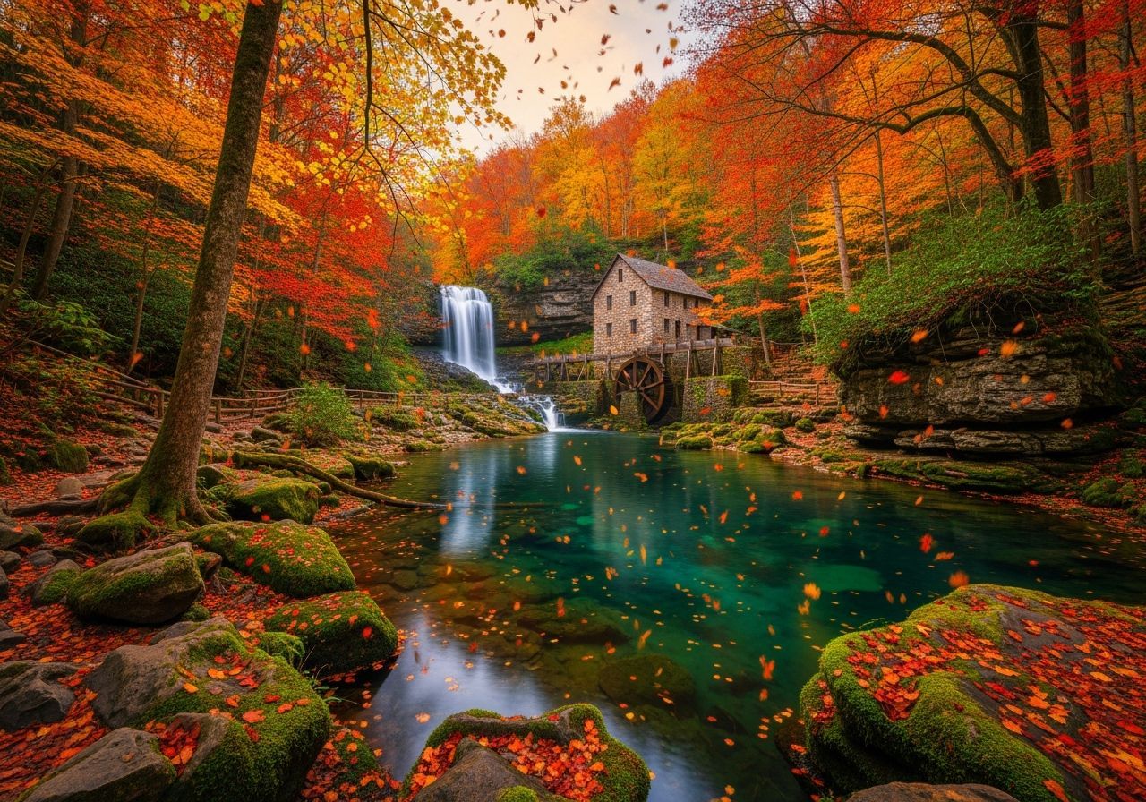 Autumn Forest Mill Waterfall in Golden Hour Light