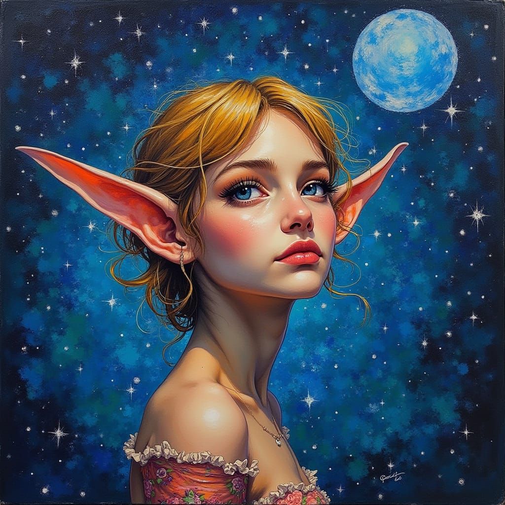 Elf Goddess Under Starry Night Sky in Graffiti Style