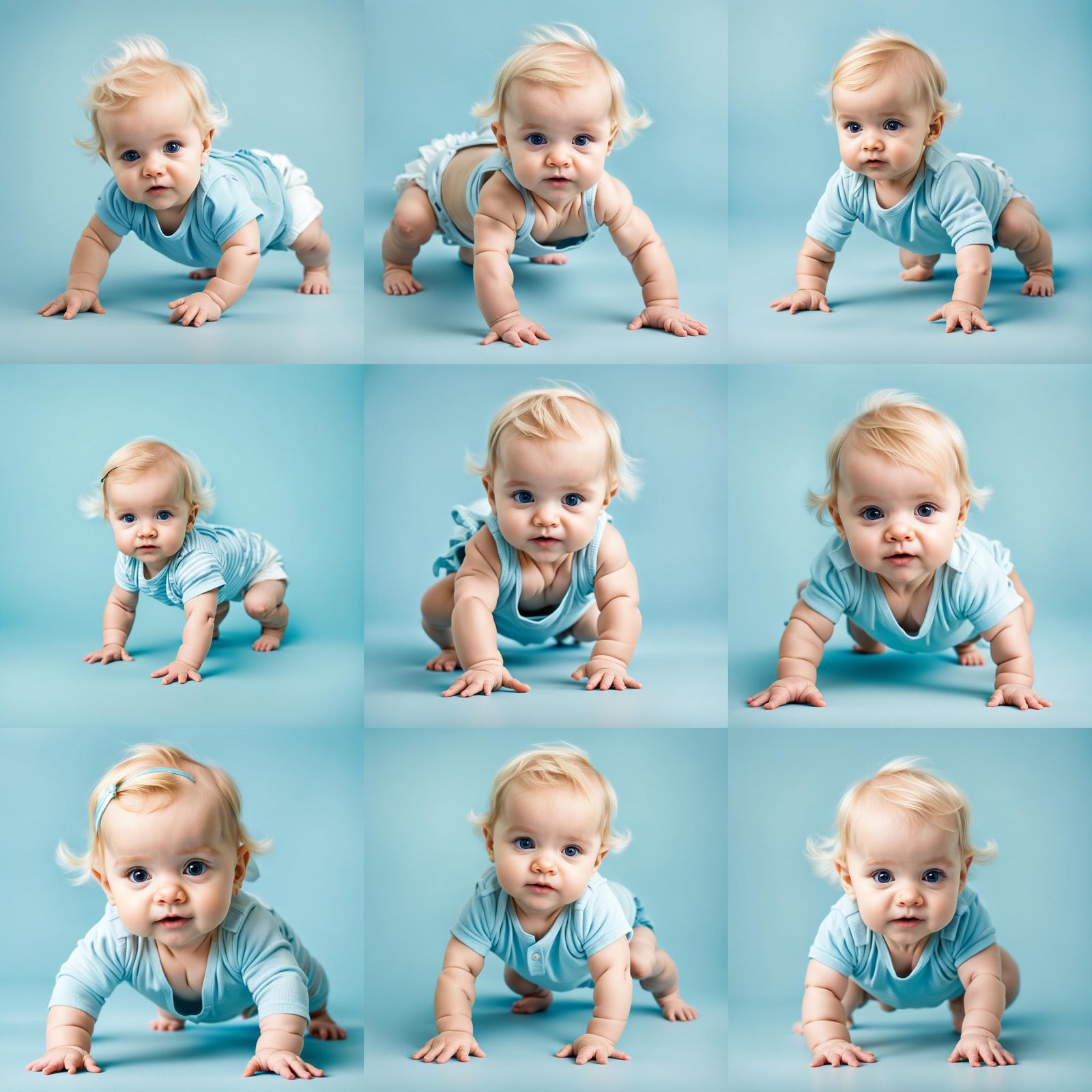 Sweet Blonde Baby Crawls on Light Blue Background