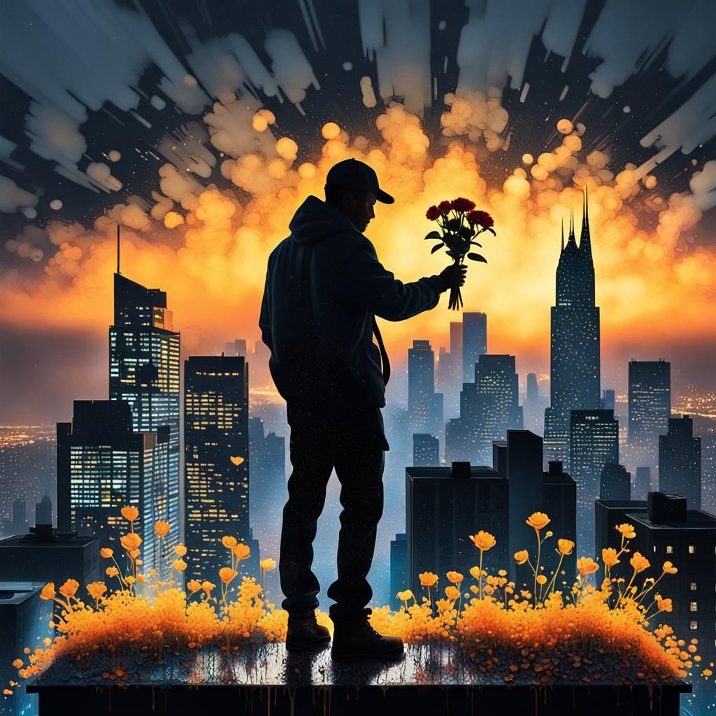 Silhouette of Person with Flowers on Skyscraper, Graffiti Ar...