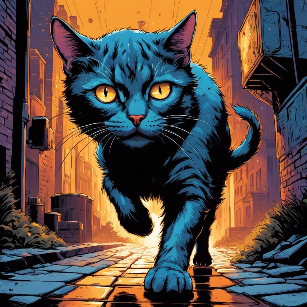 Comic Book Style Cat Chases Rat Down Rugged Alleyway