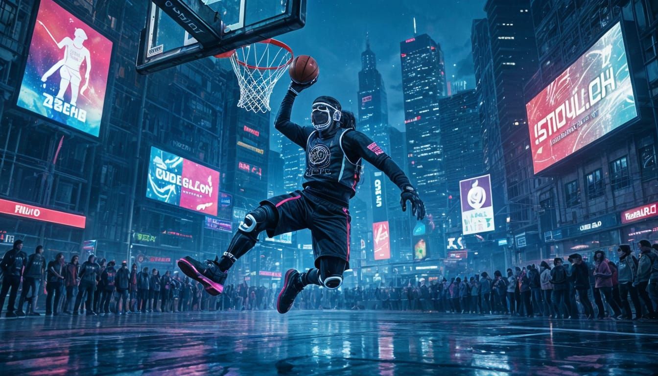 Cyberpunk Basketball Court with Neon Lights and Robotic Fans