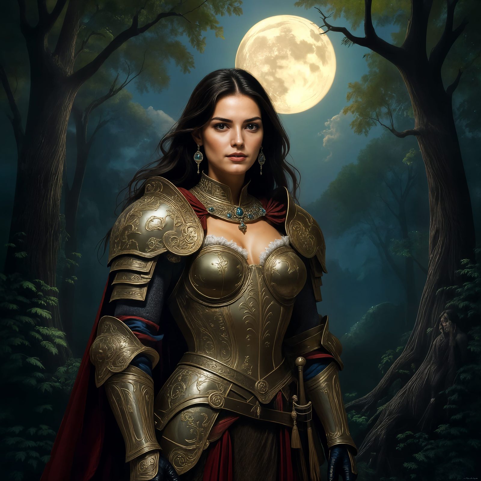 Regal Huntress in Baroque Armor Under Moonlight