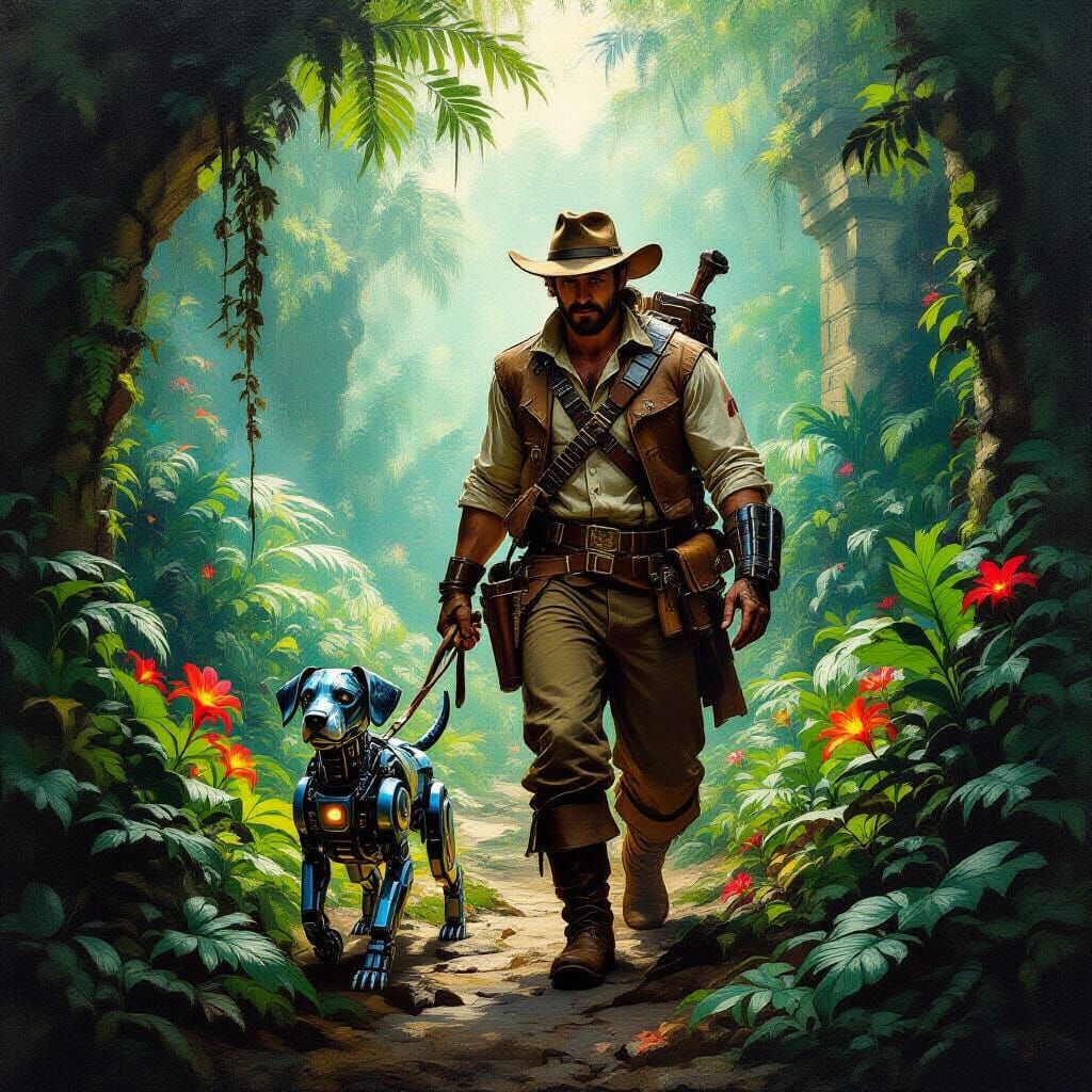 Jungle Explorer & Robot Dog in Enchanted Forest Oil Painting