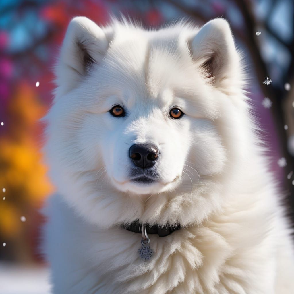 Vibrant Winter Wonderland with a Fluffy Samoyed