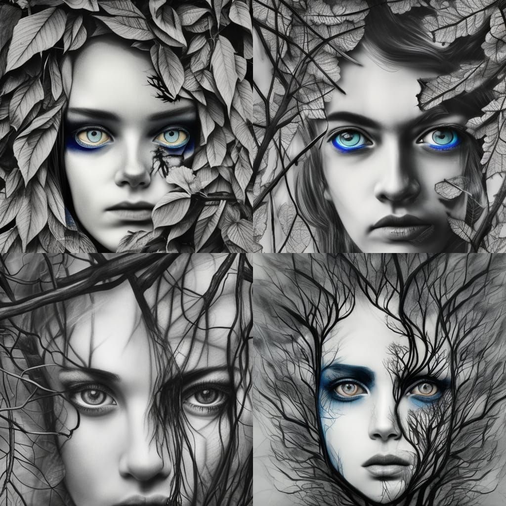 Tree Woman Portrait in Hyperdetailed Charcoal Drawing