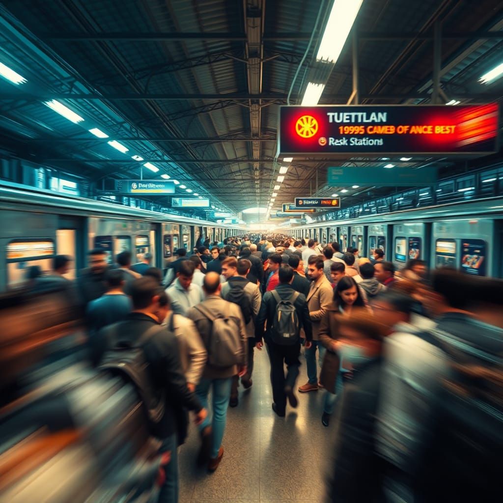 Busy Train Station with Motion Blur Effect