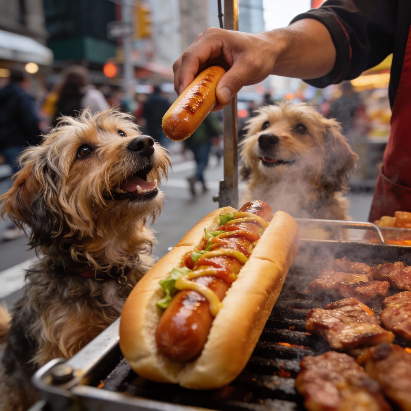 Macro Photo: Shaggy Dogs Eager for Hotdogs