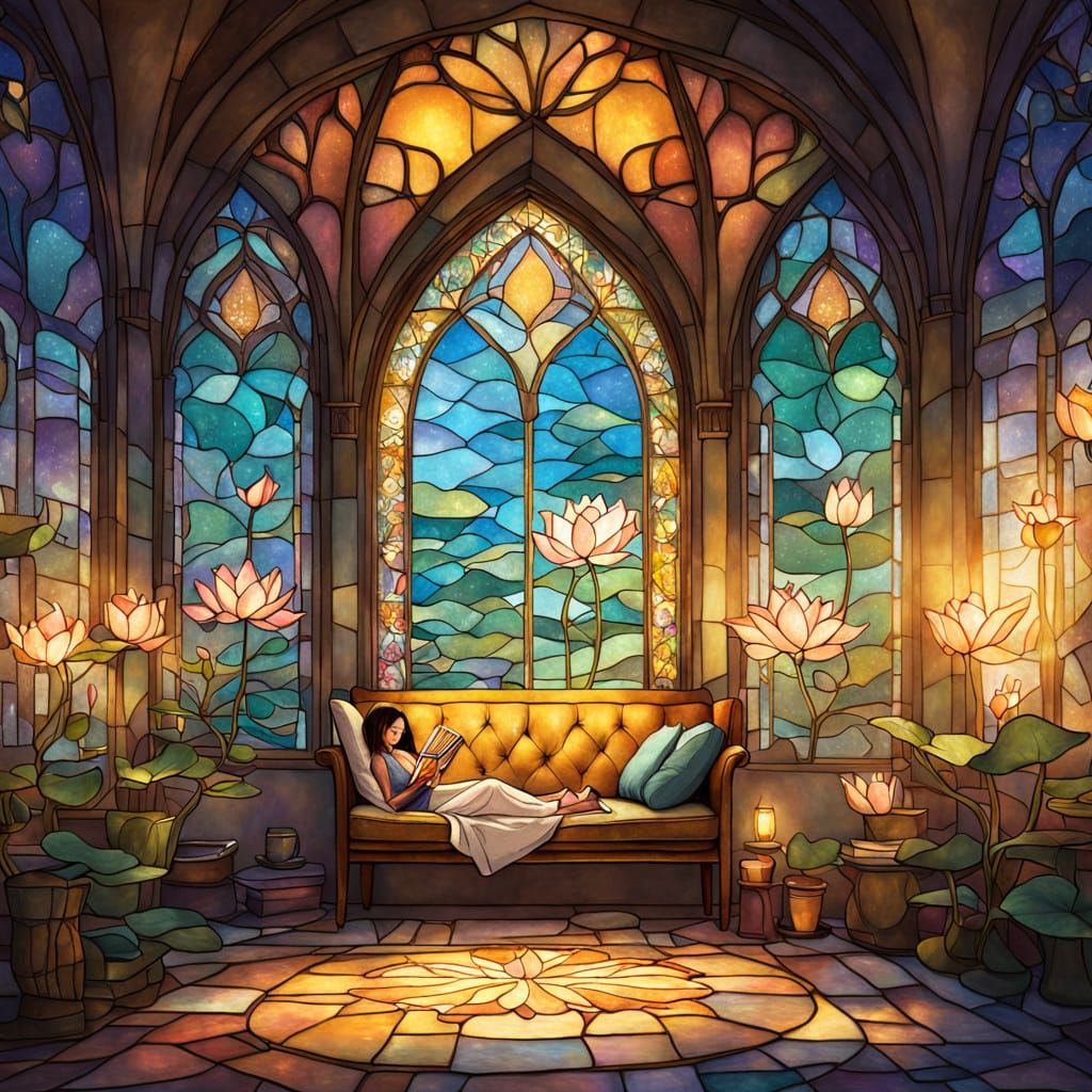 Cozy Reading Nook with Stained Glass Window
