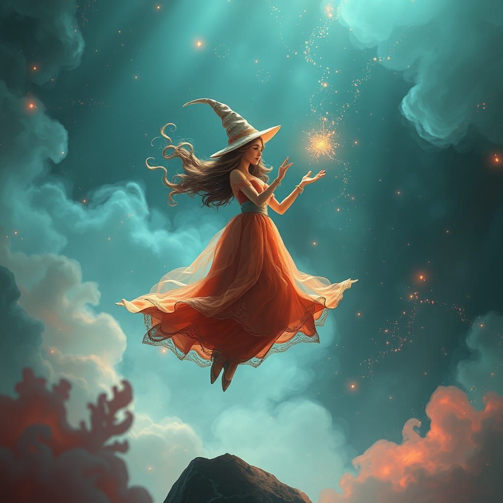 Sorceress Levitates in Whimsical Dreamlike Atmosphere