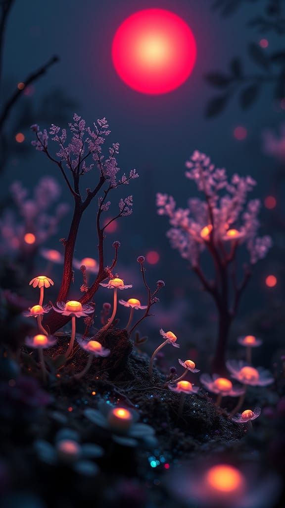 Dark Botanical Fantasy Realm in Scarlet Halo