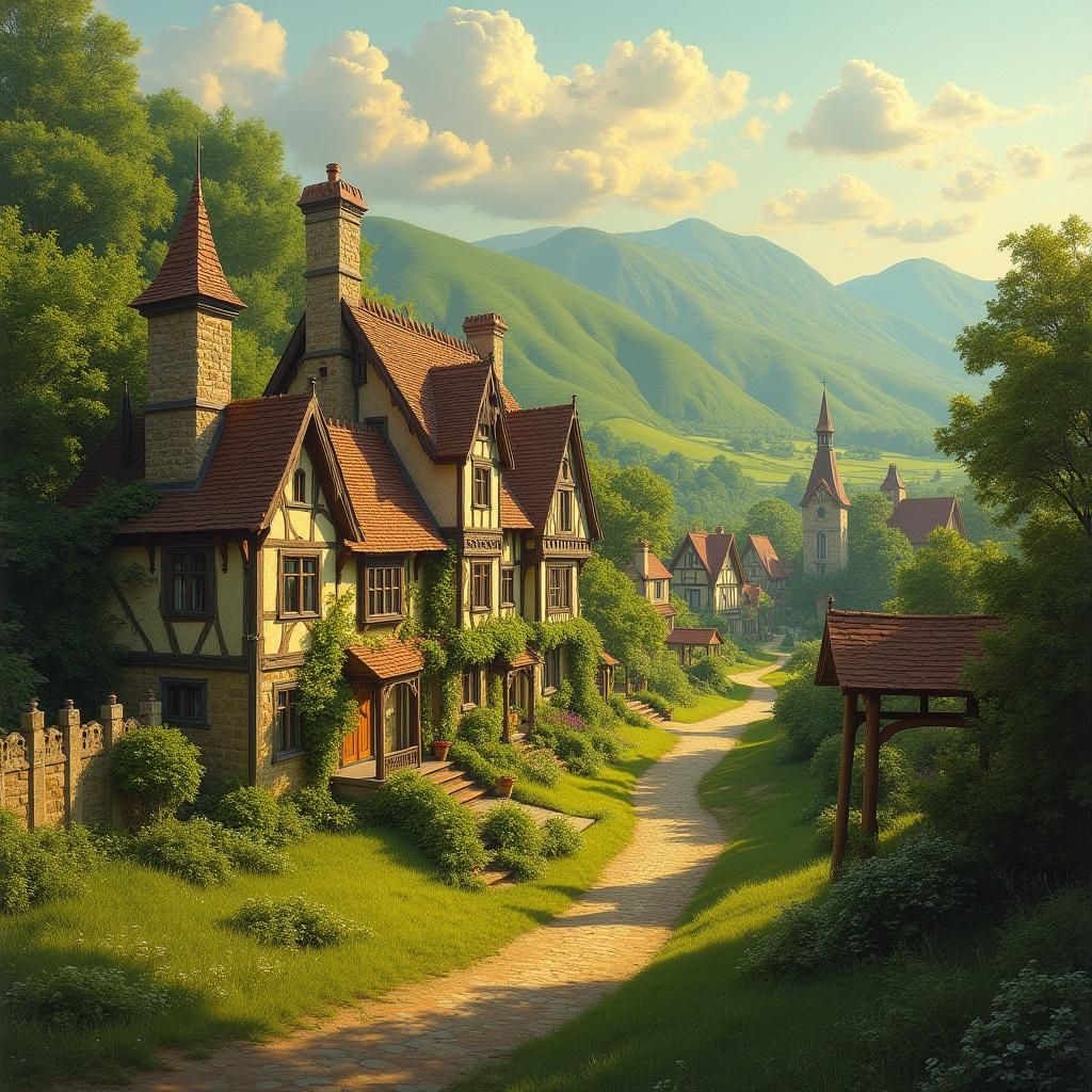 Victorian Village in Lush Valley, Matte Painting