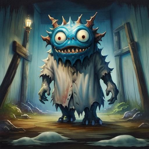 Mischievous One-Eyed Monster in Watercolor Art