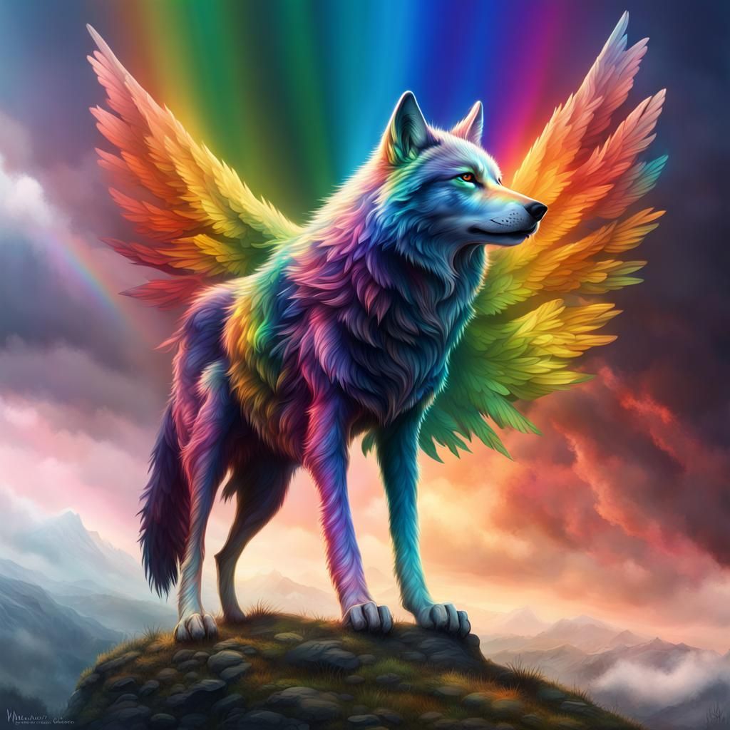 Rainbow Winged Wolf: Epic Digital Painting
