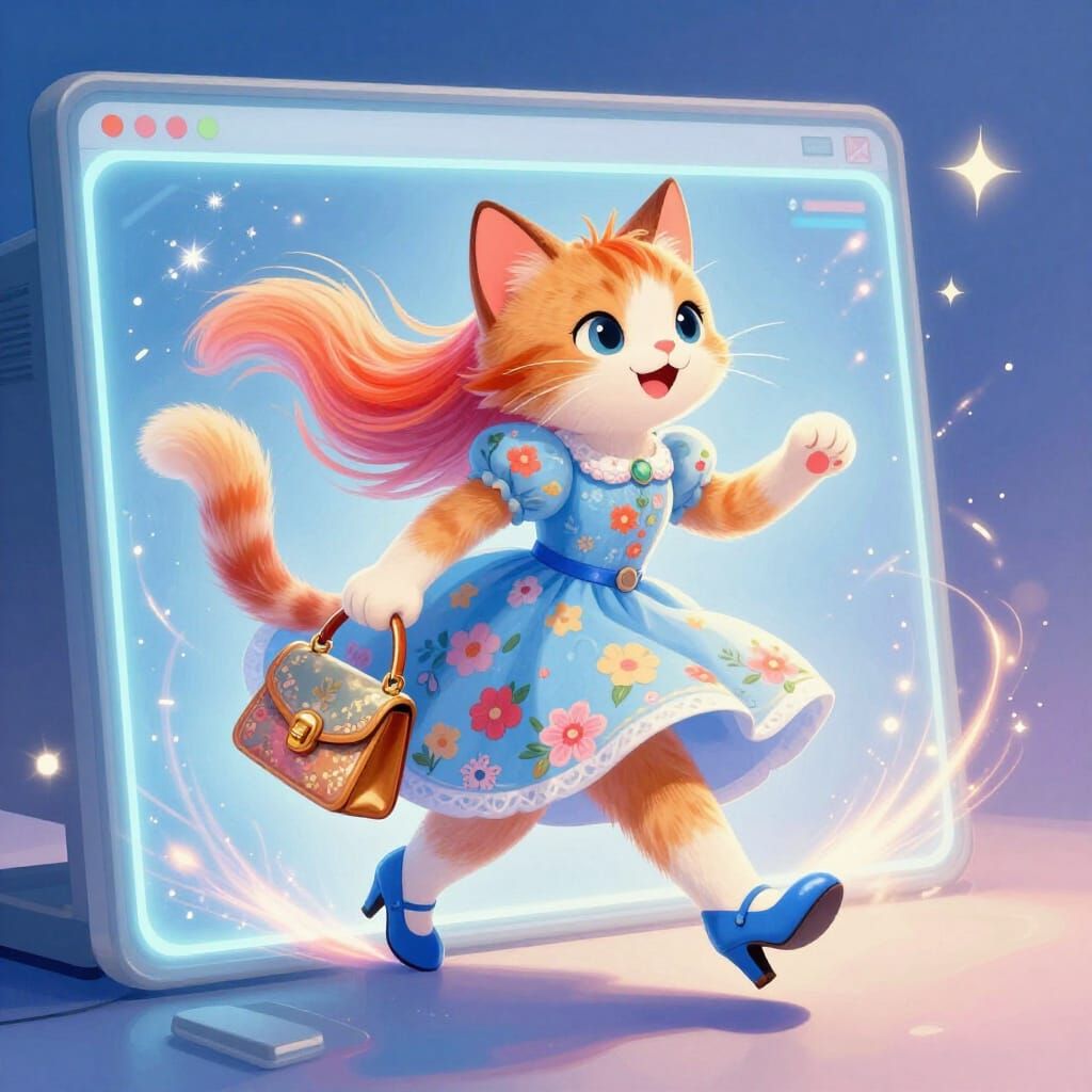 Anthropomorphic Cat in Floral Dress Steps from Computer
