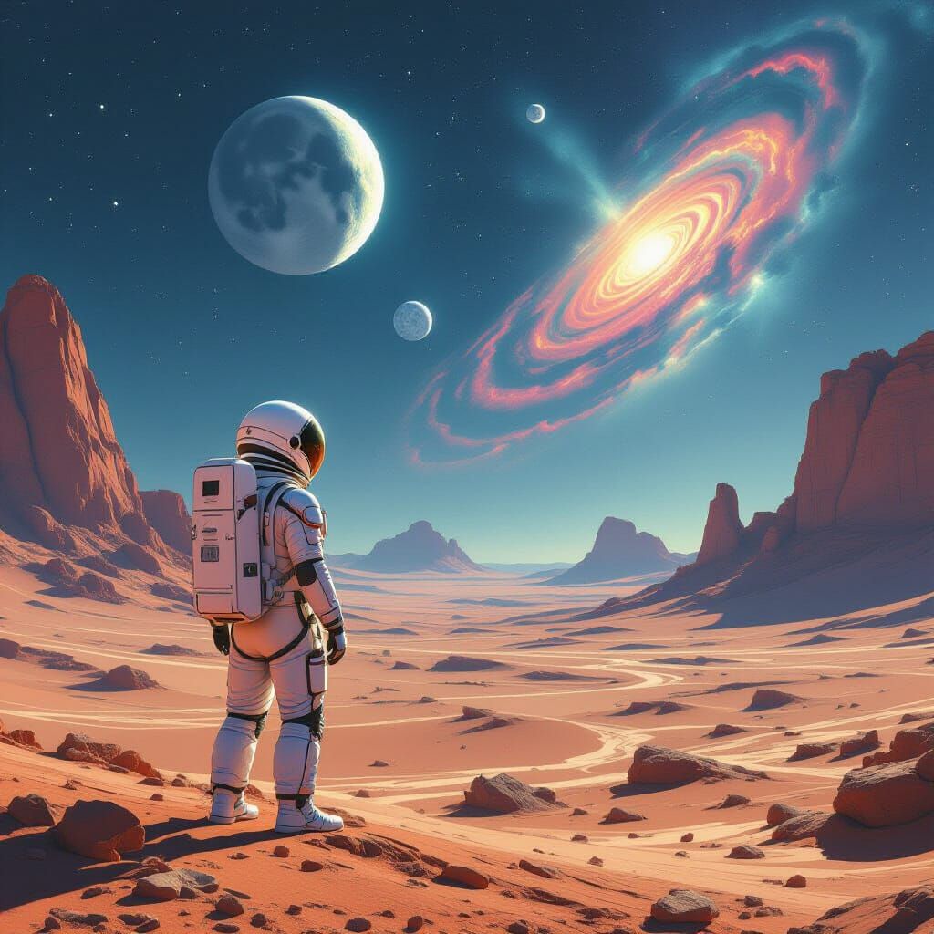 Astronaut Gazes at Alien Sky with Two Moons