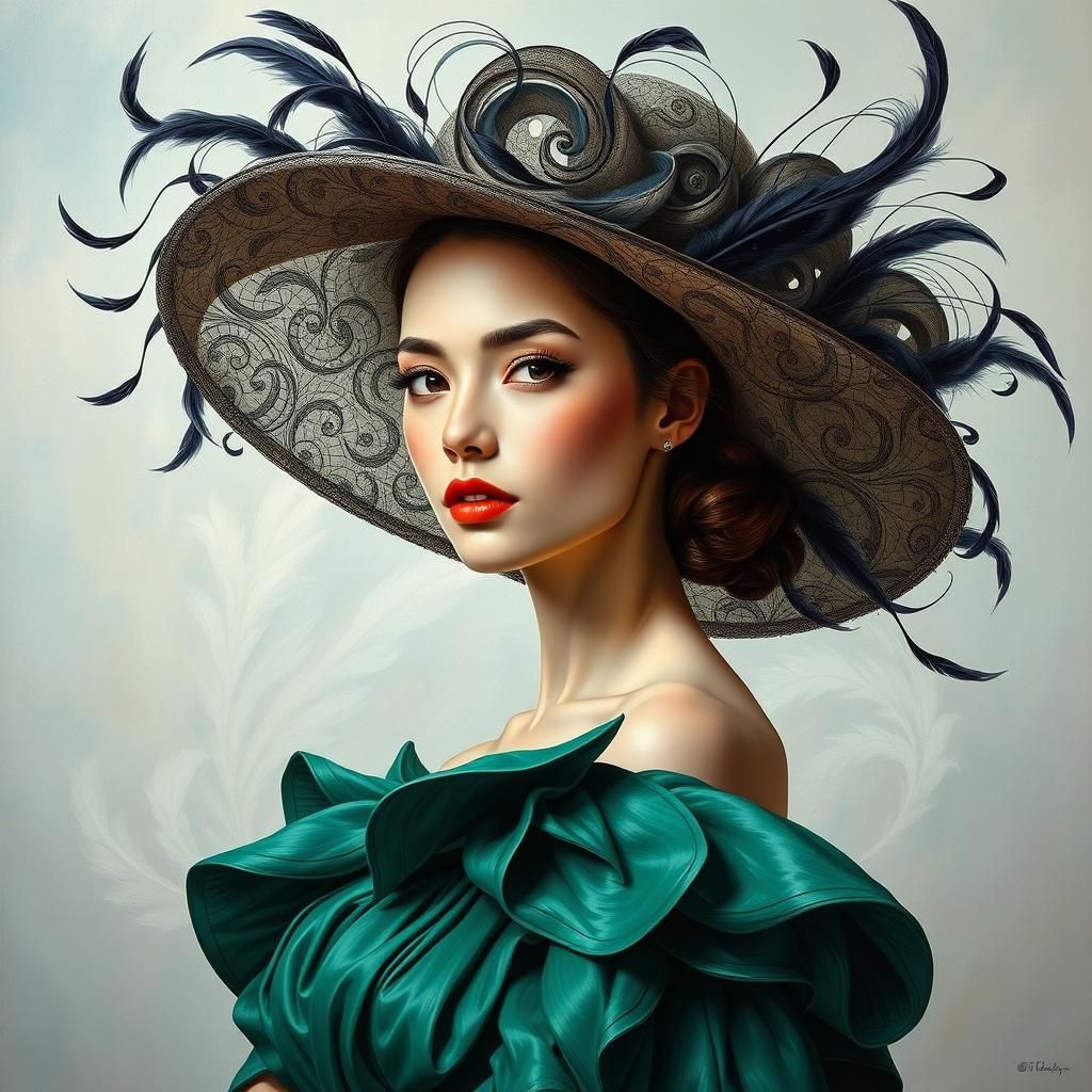 Elegant Woman in Haute Couture Hat, 3D Oil Painting