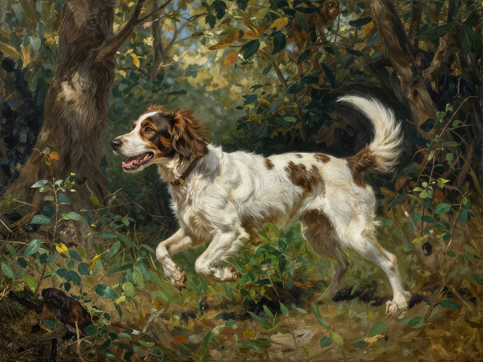 Spaniel Running in Forest Oil Painting
