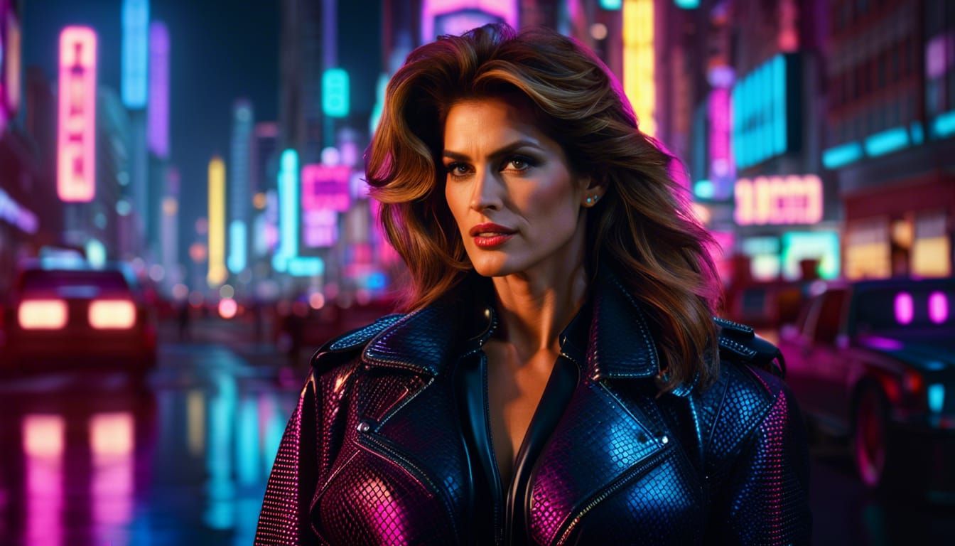 Cindy Crawford in Cyberpunk Cityscape, 80s Style