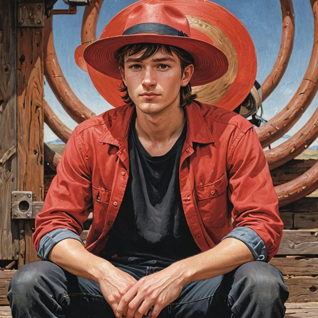 Young Man in Hat, Folk Art Manga Style