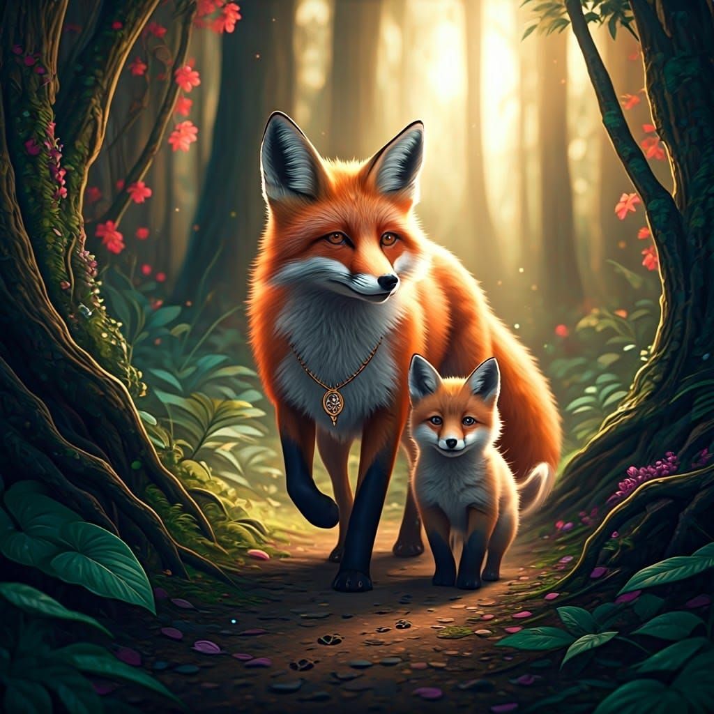 Mama Fox and Cub in a Fantastical Forest