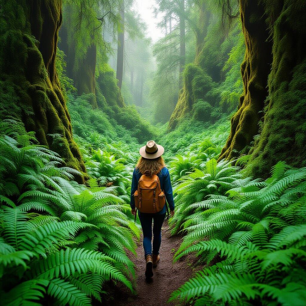 Lush Woman Hikes Fern Canyon in Realistic Style